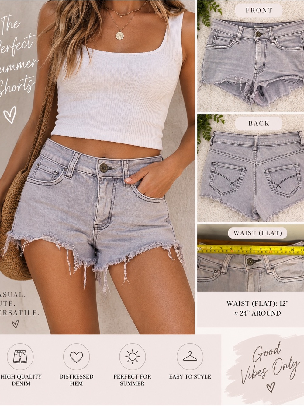 Gray Denim Cutoff Shorts Distressed Frayed Hem 24” Waist